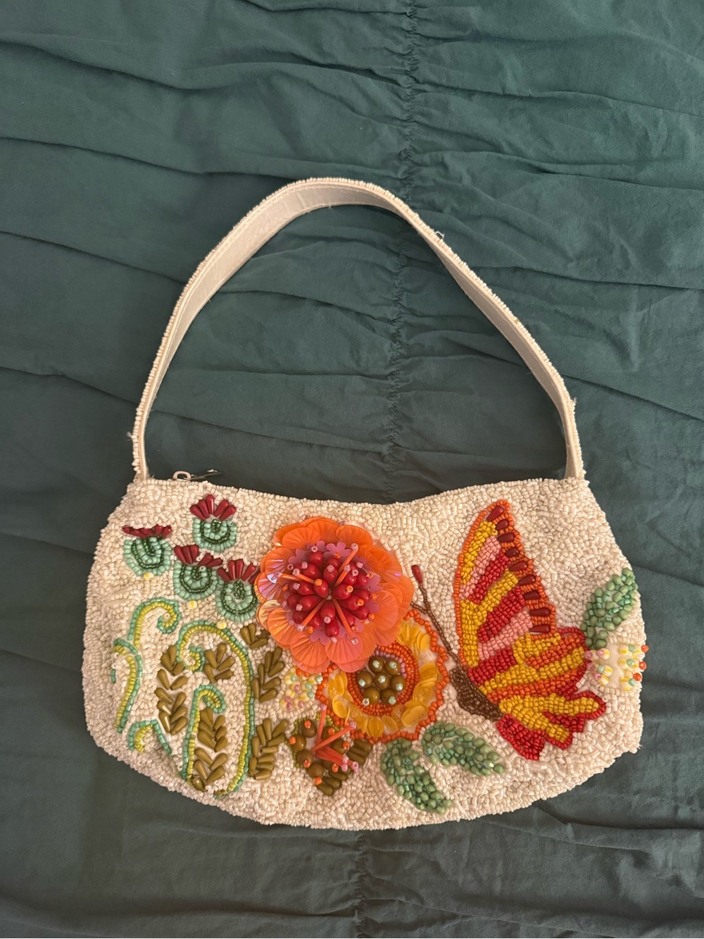STAUD Cream Beaded Floral & Butterfly Shoulder Bag